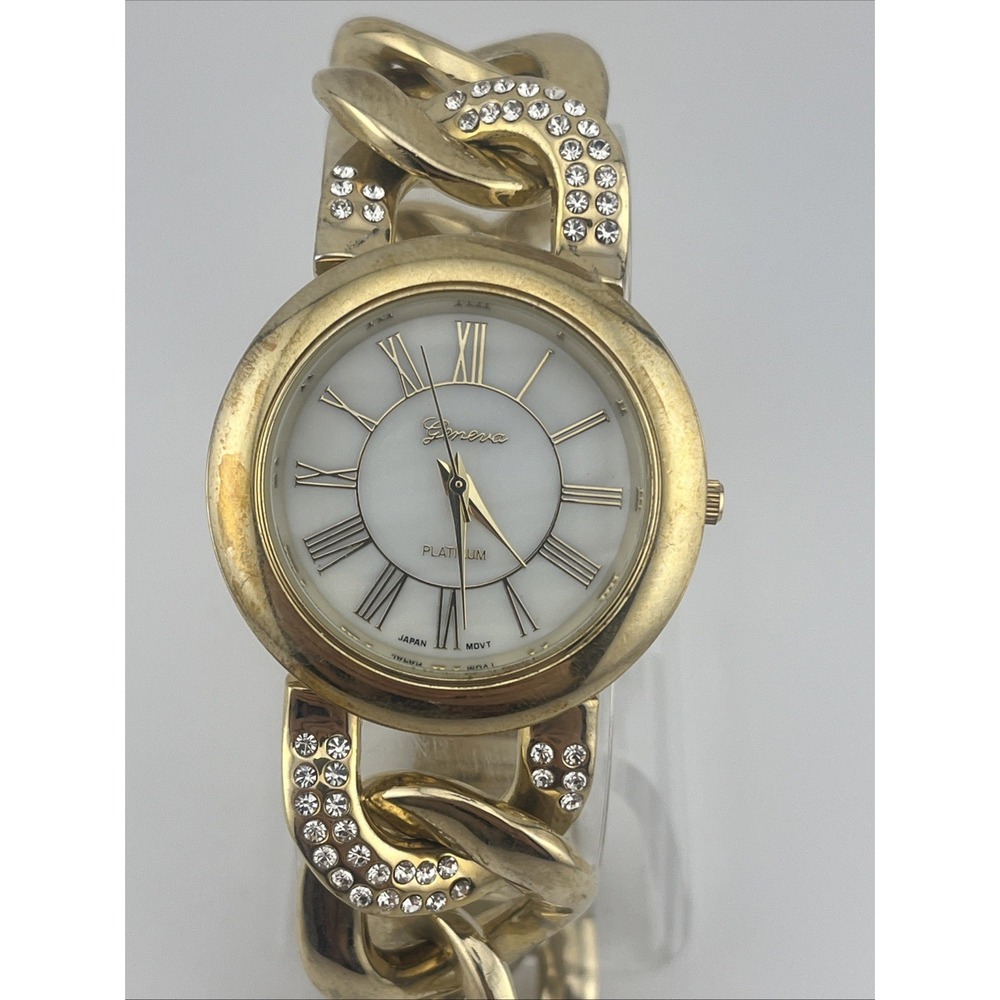 Geneva Platinum Watch‎ Women 38mm Case MOP Dial Gld Link 8" Band- New Battery